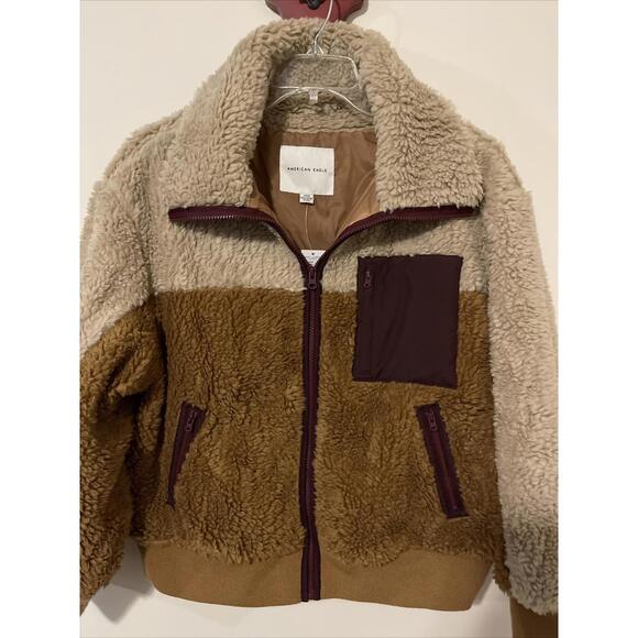 American Eagle Womens Medium Brown Full-Zip Stylish Sherpa Coat NEW! MZZ1 - Picture 8 of 9